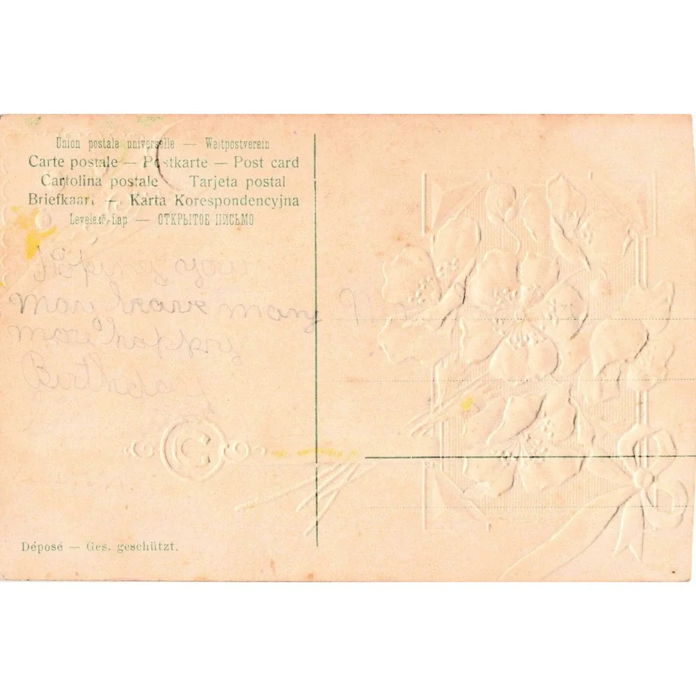 Vintage Embossed Birthday Greeting Postcard Pink Flowers Horseshoe Glitter VG